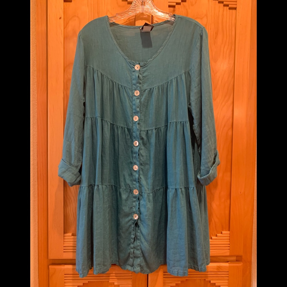 MATCH POINT Linen Teal DRESS/TUNIC. Small.